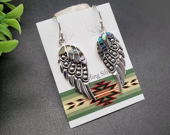 FF #028 | Abalone Shell Inlay Winkel Flügel baumeln Ohrringe | Sterling Silber Flügel Ohrringe | Silber Abalone Muschel Inlay Feder Ohrringe