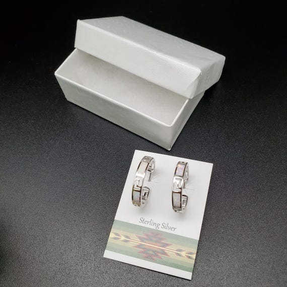 QQ-801 | Lovely White Opal Inlay Hoop Earring Posts | Sterling