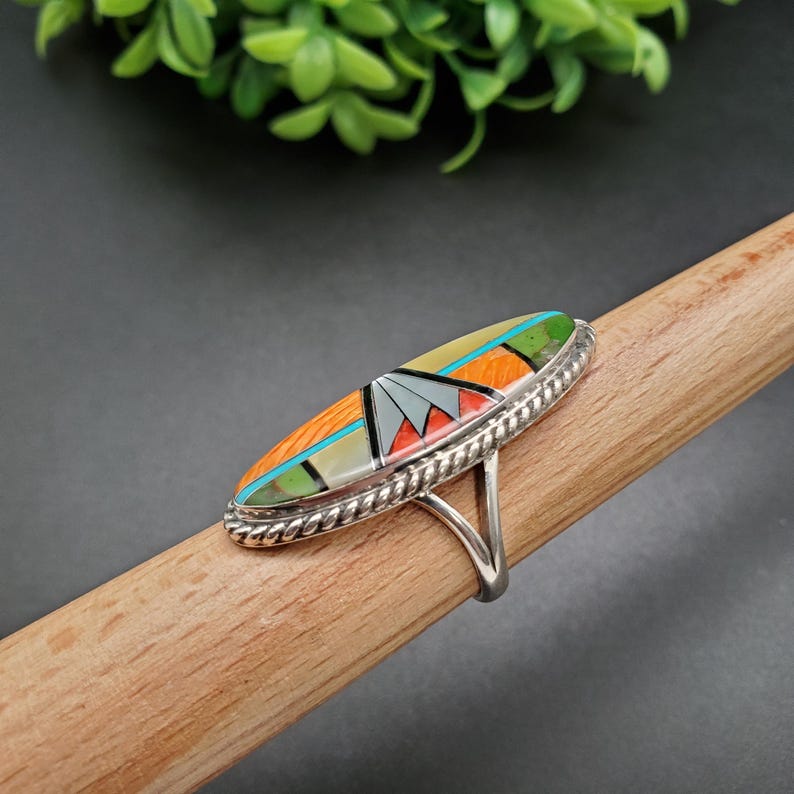 Geometric Inlay Ring GG-078 | Unique Inlay Ring | Pattern Inlay Southwest Ring | Sterling ...
