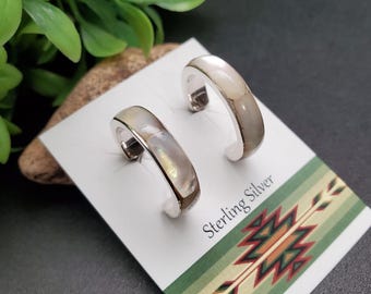 HEP28 | White Shell Inlay Hoop Earring Posts | Sterling Silver White Stone Earrings | White Mother of Pearl Hoop Earrings | White Hoops