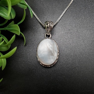 QQ-564 | White Mother of Pearl Necklace Pendant Option With Silver Chain | Sterling Silver White Shell Pendant | Mother of Pearl Pendant