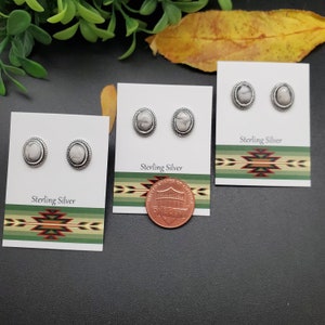 ATS-PST065 | 9x11mm Oval White Buffalo Post Earrings | Sterling Silver White Buffalo Studs | Dainty White Turquoise Earrings | Gifts Ideas