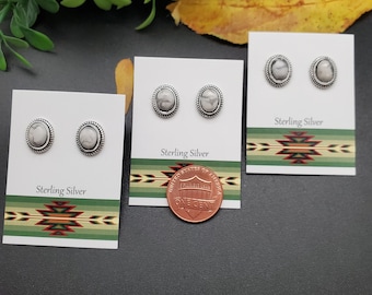 ATS-PST065 | 9x11mm Oval White Buffalo Post Earrings | Sterling Silver White Buffalo Studs | Dainty White Turquoise Earrings | Gifts Ideas