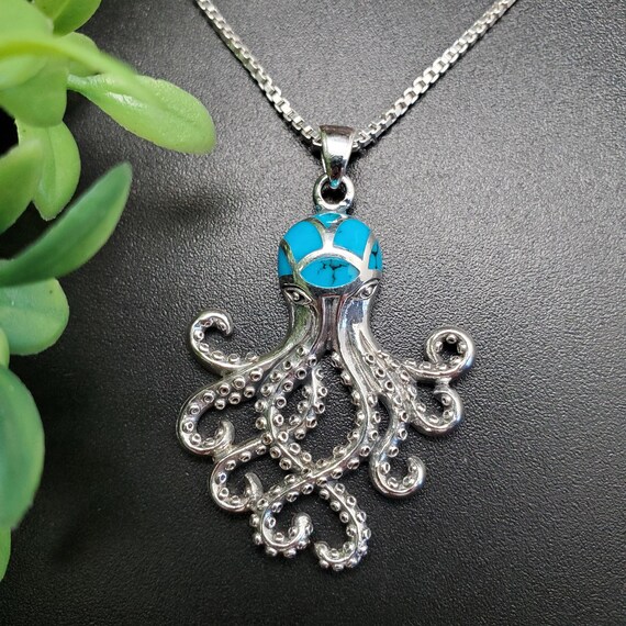 QQ-528 | Turquoise Inlay Octopus Necklace Pendant | Sterling