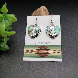 FFD #511 | Abalone Shell Inlay Heart Dangle Earrings | Sterling Silver Abalone Shell Heart Earrings | Abalone Heart Earrings | Gift For Her