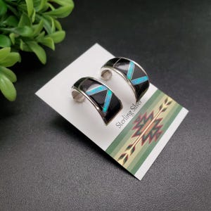 QQ-434 | Lovely Opal, Black Onyx Earring Posts | Sterling Silver Inlay Multicolor Inlay Hoop Earrings | Opal Black Onyx Southwest Earrings