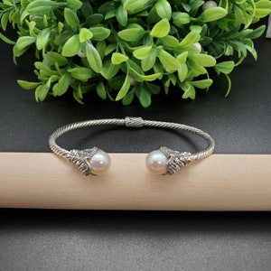KK-199 | Sterling Silver White Mother Of Pearl Bracelet Cuff | Balinese Pearl Beads Bracelet Cuff | Handmade Pearl Silver Bracelet Jewelry