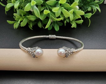 KK-199 | Sterling Silver White Mother Of Pearl Bracelet Cuff | Balinese Pearl Beads Bracelet Cuff | Handmade Pearl Silver Bracelet Jewelry