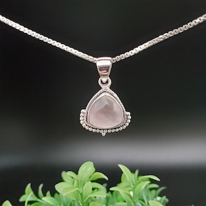 QQ-111 | Pink Rose Quartz Necklace Pendant With Option of Silver Chain Necklace | Sterling Silver Rose Quartz Trilliant Pendant Necklace