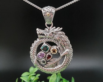 FFD #058 | Big Color Gemstones Flying Dragon Necklace Pendant | 925 Sterling Silver Dragon Pendant | Gemstones Dragon Pendant Necklace