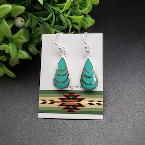 FFD #808 | Turquoise Inlay Teardrop Dangle Earrings | Sterling Silver Kingman Turquoise Earrings | Turquoise Inlay Earrings | Gift For Her