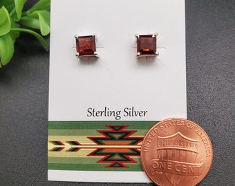 JJS-705 | Dainty Faceted Red Garnet Posts | Sterling Silver Red Garnet Studs | January Gemstone Earrings | Square Red Garnet Earring Posts