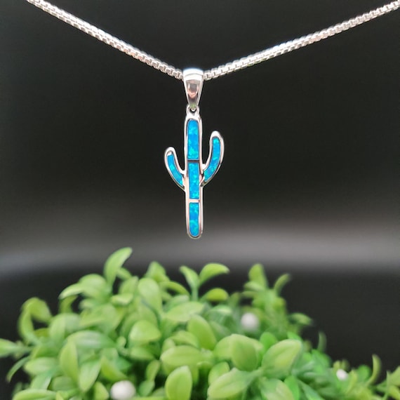 QQ-485 | Dainty Blue Opal Cactus Necklace Pendant | Sterling Silver Blue Cactus Pendant | Silver Cactus Necklace | Blue Opal Cactus Jewelry