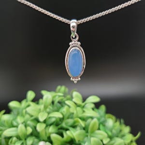 QQ-917 | Dainty Blue Chalcedony Oval Pendant Necklace Option Silver Chain | Sterling Silver Blue Agate Pendant | Blue Chalcedony Necklace