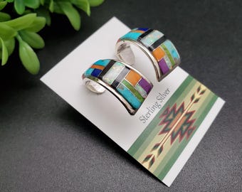 QQ-432 | Lovely Opal, Color Stones, Turquoise Inlay Hoop Earring Posts | Sterling Silver Inlay Turquoise Hoop Earrings | Multicolor Hoops