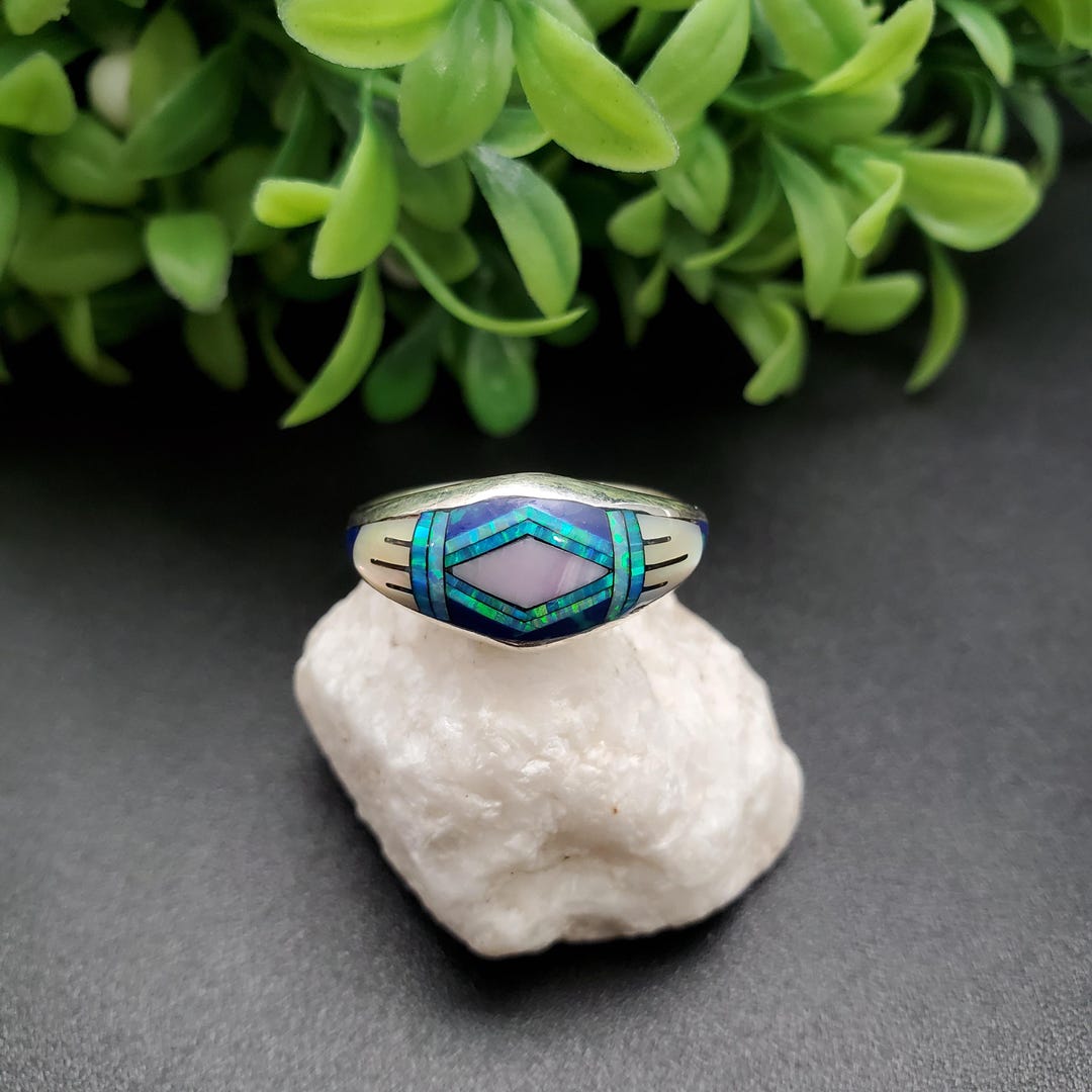 GG-013 | Silver Inlay Opal Ring | Micro Inlay Southwest Ring | Sterling ...