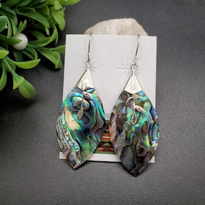FFD #042 | Abalone Shell Inlay Dangle Earrings | Sterling Silver Abalone Shell Earrings | Teardrop Paua Shell Earrings | Simple Earrings
