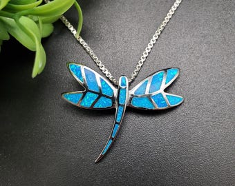 QQ-486 | Dainty Blue Opal Dragonfly Necklace Pendant Option of Silver Chain Necklace | Sterling Silver Blue Opal Necklace | Big Dragonfly