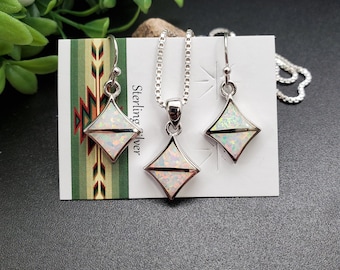 FFD #756 | White Opal Inlay Necklace Pendant, Earrings Set | Sterling Silver Opal Pendant | White Opal Earrings | Jewelry Set | Gift For Her