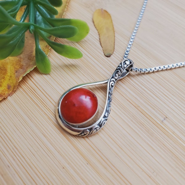 ATS-AYU090 | Simple Red Coral Necklace Pendant Option With Silver Chain | Sterling Silver Red Coral Pendant | Balinese Red Coral Jewelry