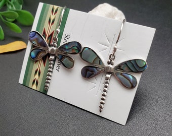 ATS-AYU010 | Lovely Abalone Dragonfly Dangle Earrings | Sterling Silver Inlay Dragonfly Earrings | Inlay Abalone Shell Dragonfly Jewelry