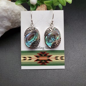 FFD #516 | Abalone Shell Inlay Dangle Earrings | Sterling Silver Abalone Shell Earrings | Dainty Paua Shell Earrings | Big Ablaone Earrings