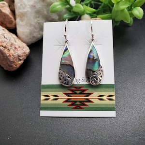 FFD #521 | Abalone Shell Inlay Teardrop Dangle Earrings | Sterling Silver Abalone Shell Earrings | Dainty Paua Shell Earrings | Gift For Her