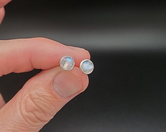 JJS-707 | 7mm Rainbow Moonstone Post Earrings | Sterling Silver Moonstone Posts | Everyday Earrings | Simple Moonstone Studs | Healing Gems