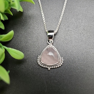 QQ-112 | Pink Rose Quartz Necklace Pendant With Option of Silver Chain Necklace | Sterling Silver Rose Quartz Trilliant Pendant Necklace