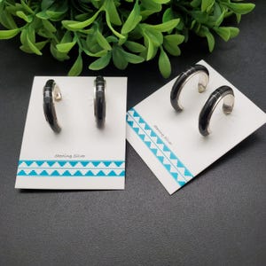 QQ-259 | Lovely Black Onyx Inlay Hoop Earring Posts | Sterling Silver Inlay Black Onyx Hoop Earrings | Southwest Earrings | Gift For Her