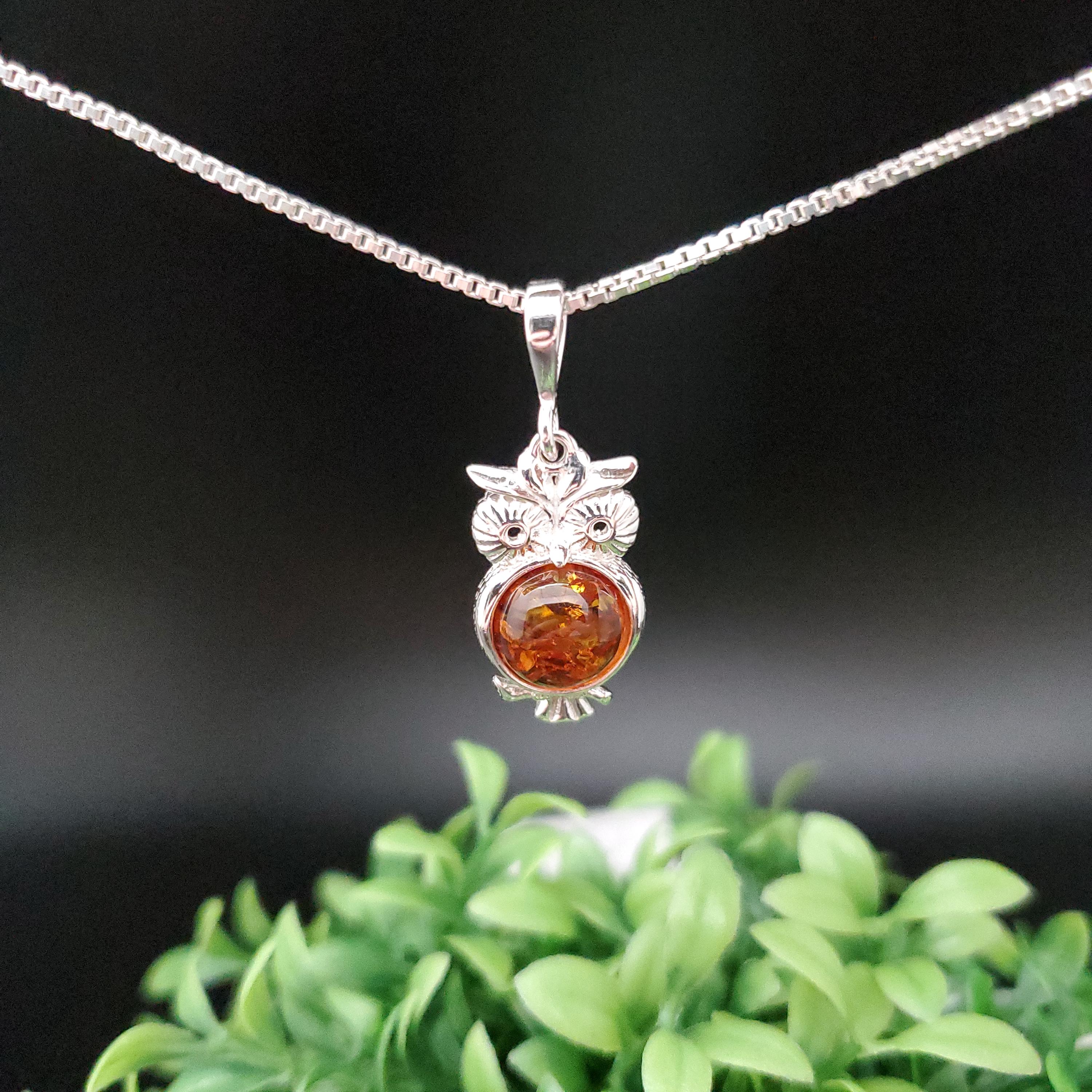 QQ-950 | Natural Baltic Amber Owl Necklace Pendant With Option of Silver Chain | Sterling Silver Yel