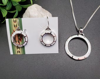 FFD #755 | White Opal Inlay Necklace Pendant, Earrings Set | Sterling Silver Opal Pendant | White Opal Earrings | Jewelry Set | Gift For Her