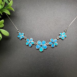 QQ-193 | Blue Opal Inlay Flowers Necklace Pendant 18 inches | Sterling Silver Fire Opal Flower Pendant | Blue Opal Necklace | Gift For Her