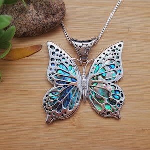 QQ-549 | Big Abalone Shell Inlay Butterfly Necklace Pendant Option With Silver Chain | Sterling Silver Paua Shell Butterfly Pendant Necklace