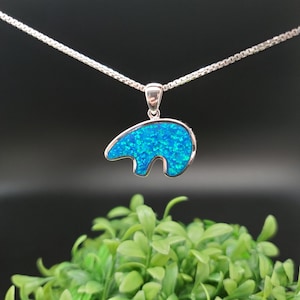 QQ-478 | Blue Opal Inlay Bear Pendant Necklace | Sterling Silver Blue Opal Zuni Bear Necklace Pendant | Silver Opal Bear Pendant Lovely Gift