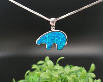 QQ-478 | Blue Opal Inlay Bear Pendant Necklace | Sterling