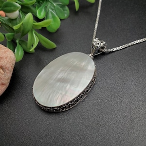 ATS-AYU342 | White Mother of Pearl Necklace Pendant Option With Silver Chain | Sterling Silver White Shell Pendant | Mother of Pearl Pendant
