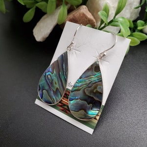 FFD #502 | Abalone Shell Inlay Dangle Earrings | Sterling Silver Abalone Shell Earrings | Dainty Paua Shell Earrings | Big Simple Earrings