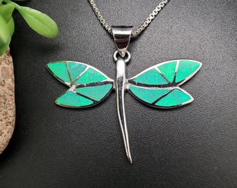FFD #719 | Dainty Green Opal Dragonfly Necklace Pendant Option of Silver Chain Necklace | Sterling Silver Green Opal Dragonfly Necklace