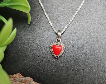 ATS#PD031 | Tiny Heart | Dainty Red Coral Necklace Pendant With Option of Silver Chain | Sterling Silver Red Coral Heart Pendant Necklace