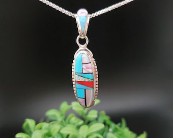 JJS-726 | Unique Inlay Southwest Necklace Pendant Option Silver Chain | Sterling Silver Multicolor Inlay Pendant Necklace | Lovely Pendant