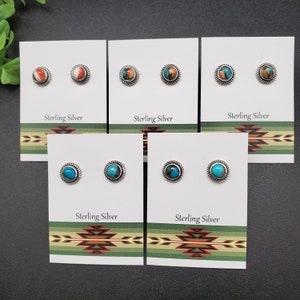 ATS-PST023 | 8mm Orange Spiny Oyster Turquoise Post Earrings | Sterling Silver Multicolor Stone Studs |  Spiny Oyster Turquoise Earrings