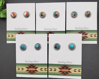 ATS-PST023 | 8mm Orange Spiny Oyster Turquoise Post Earrings | Sterling Silver Multicolor Stone Studs |  Spiny Oyster Turquoise Earrings