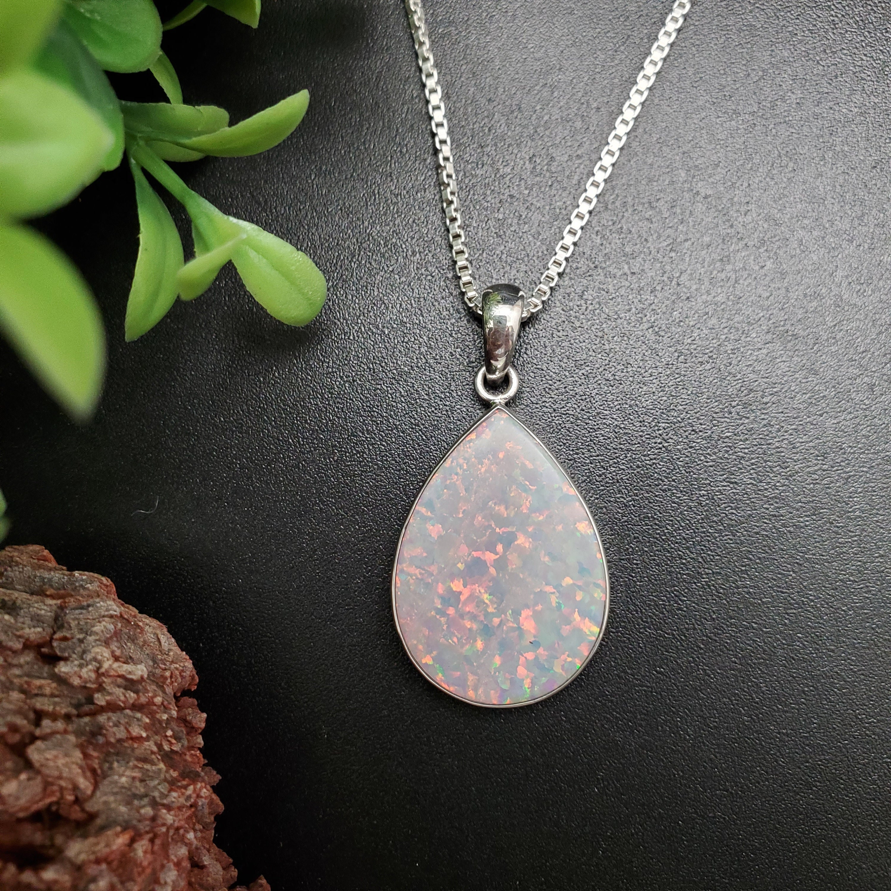 ATS#PD014 | Big Teardrop White Opal Necklace Pendant Option of Silver Chain Necklace | Sterling Silver White Opal Necklace | Fire White Opal