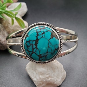 ATS#CB034 | Dainty Blue Turquoise Bracelet Cuff | Sterling Silver Turquoise Southwest Bracelet | Big Round Shape Turquoise Cuff Bracelet
