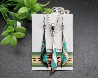 ATS-AYU137 | Long Turquoise Inlay Earrings, Pendant Set | Sterling Silver Turquoise Jewelry Set | Turquoise Pendant | Turquoise Earrings