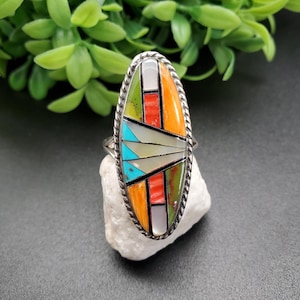 GG-061 | Silver Inlay Ring | Pattern Inlay Southwest Ring | Sterling Silver Inlay Ring | Lady Ring | Multicolor Inlay Ring | Ring For Her