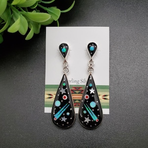 QQ-227 | Long Multicolor Southwestern Inlay Earrings | Sterling Silver Southwest Earring Posts | Colorful Drop  Earrings | Colors Earrings