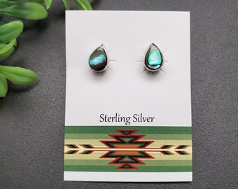 JJS-663 | Dainty Teardrop Inlay Abalone Shell Earrings | Sterling Silver Abalone Studs | Lovely Silver Posts | Small Abalone Teardrop Studs