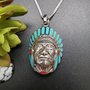 FFD #973 | Indian Head Chief Necklace Pendant Option Silver Chain Necklace | Sterling Silver Turquoise, Red Coral Inlay Chief Head Pendant